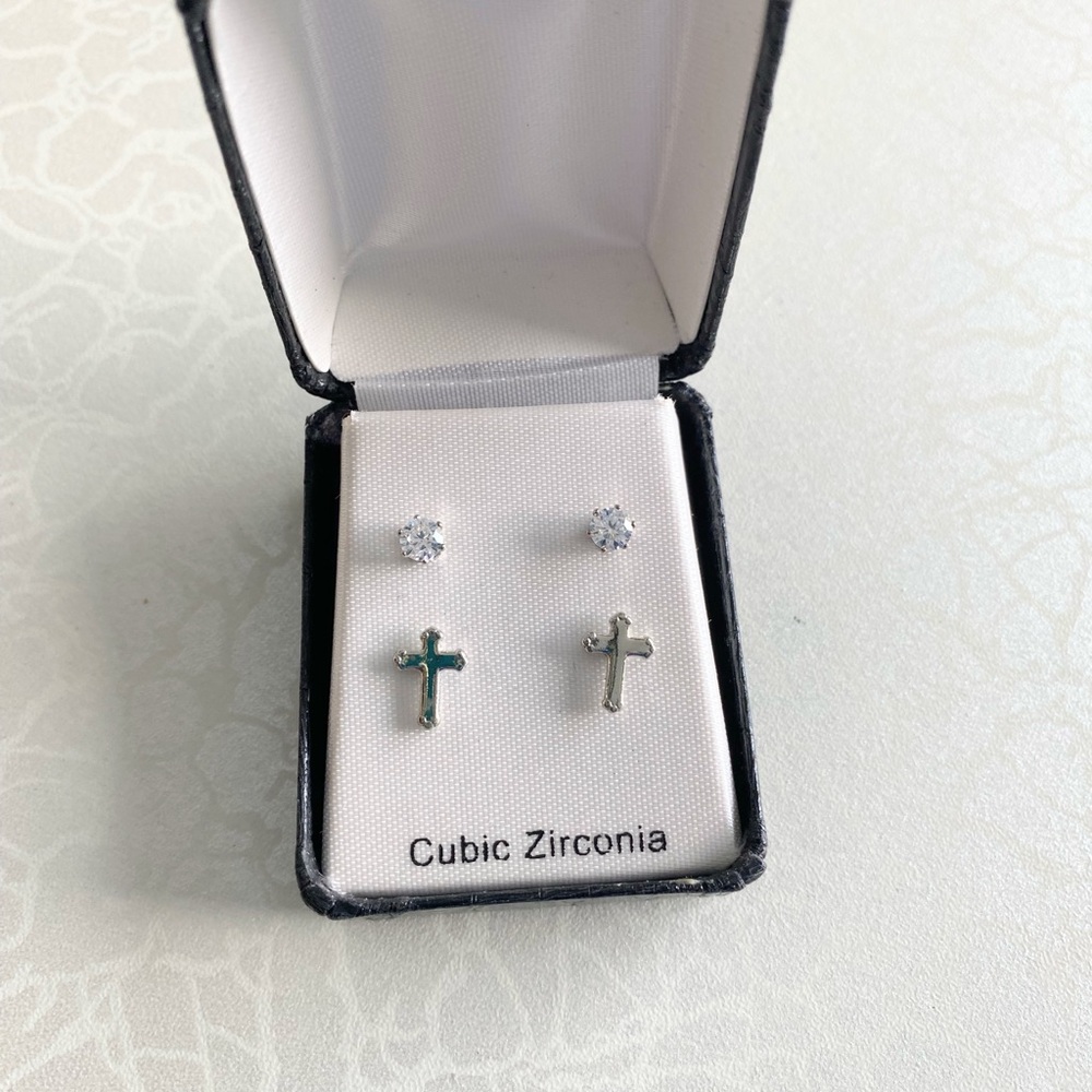 Sears Silver Cubic Zirconia and Cross Stud Earring Set
